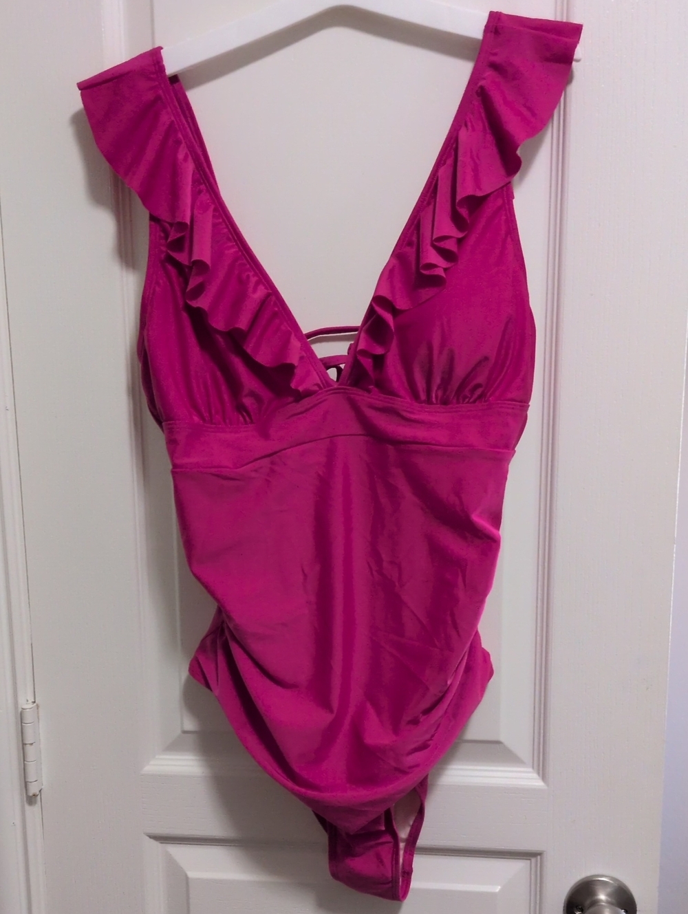 Low Cut V-neck Ruffled Hot Pink Swimsuit - Picture 3 of 6